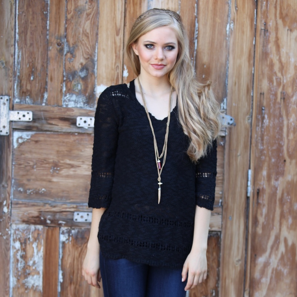 Black V-Neck Sweater with Bell Sleeves